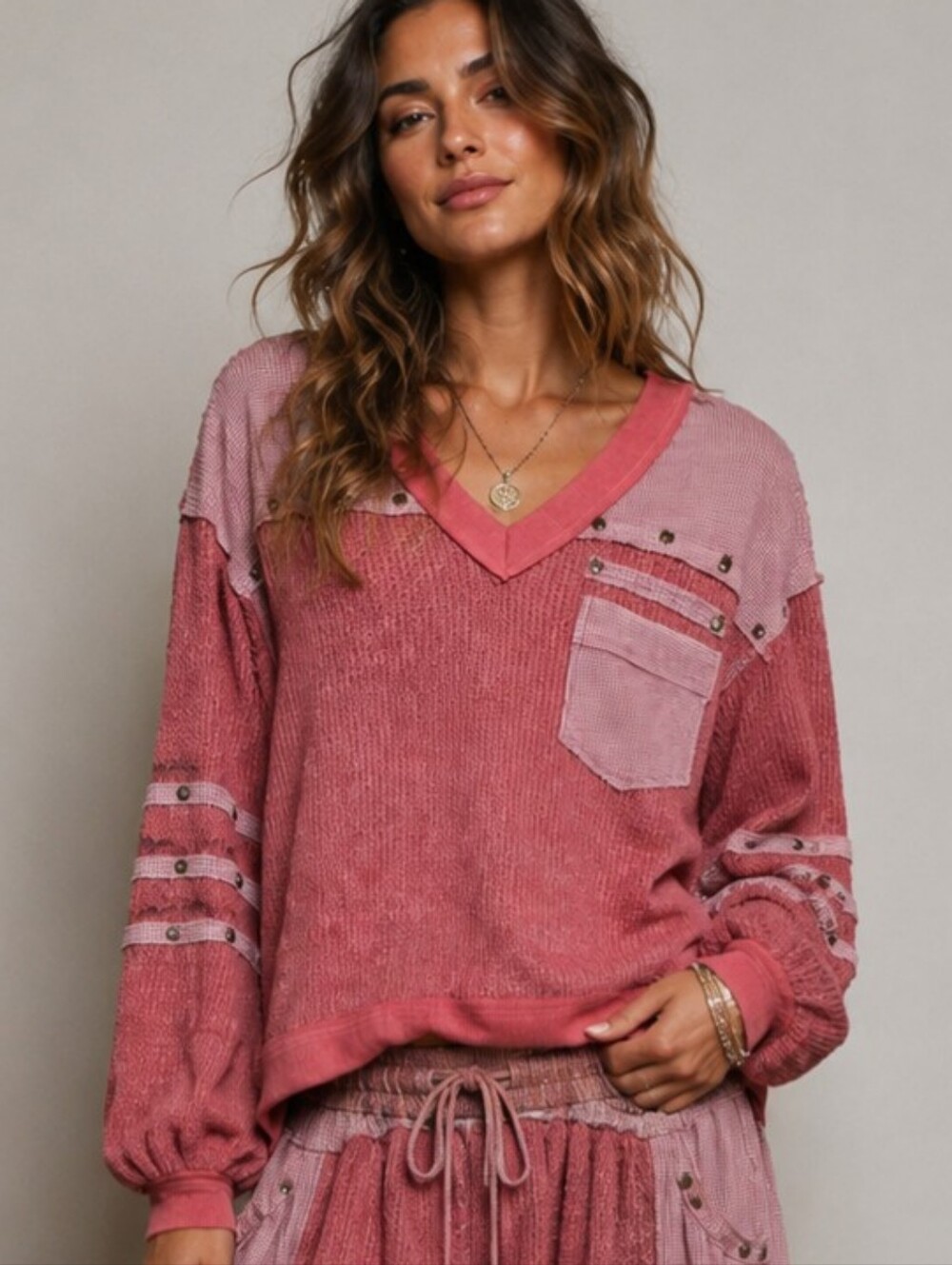 #1826 POL Free Spirit Fig Jam Patchwork V-Neck Top
